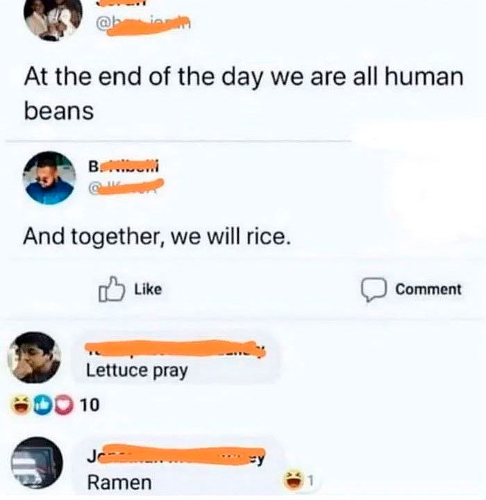 Funny and lighthearted safe-for-work meme with puns about human beans, rice, lettuce, and ramen in social media comments.