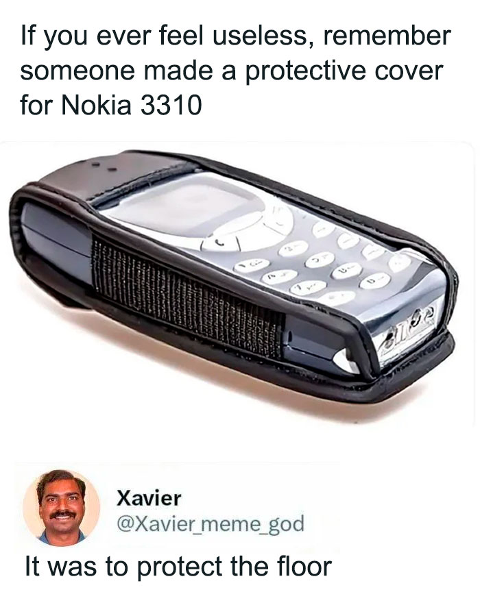 Meme showing a Nokia 3310 phone in a protective cover with a lighthearted safe-for-work joke.