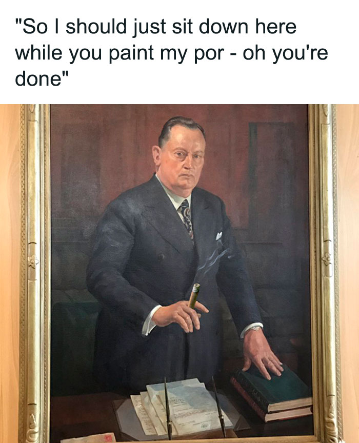 Man in formal suit holding a cigar in a classic portrait with a humorous safe-for-work meme caption.