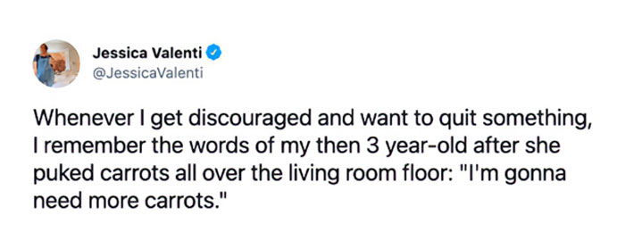 Funny and lighthearted safe-for-work meme text about staying motivated despite challenges with a humorous carrot story.