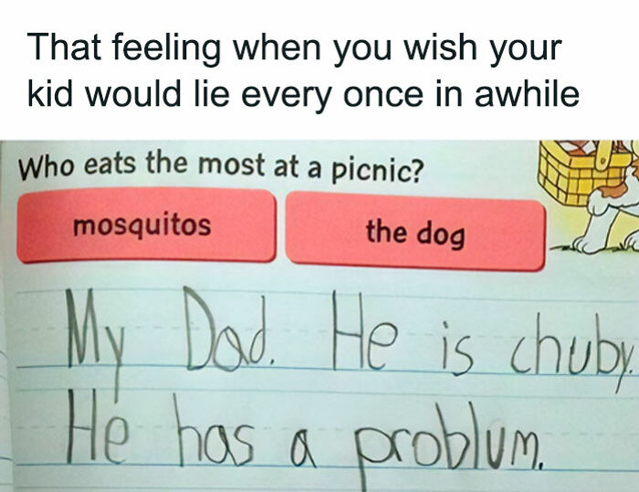 Child's handwritten answer about who eats the most at a picnic, featured in funny and lighthearted safe-for-work memes.