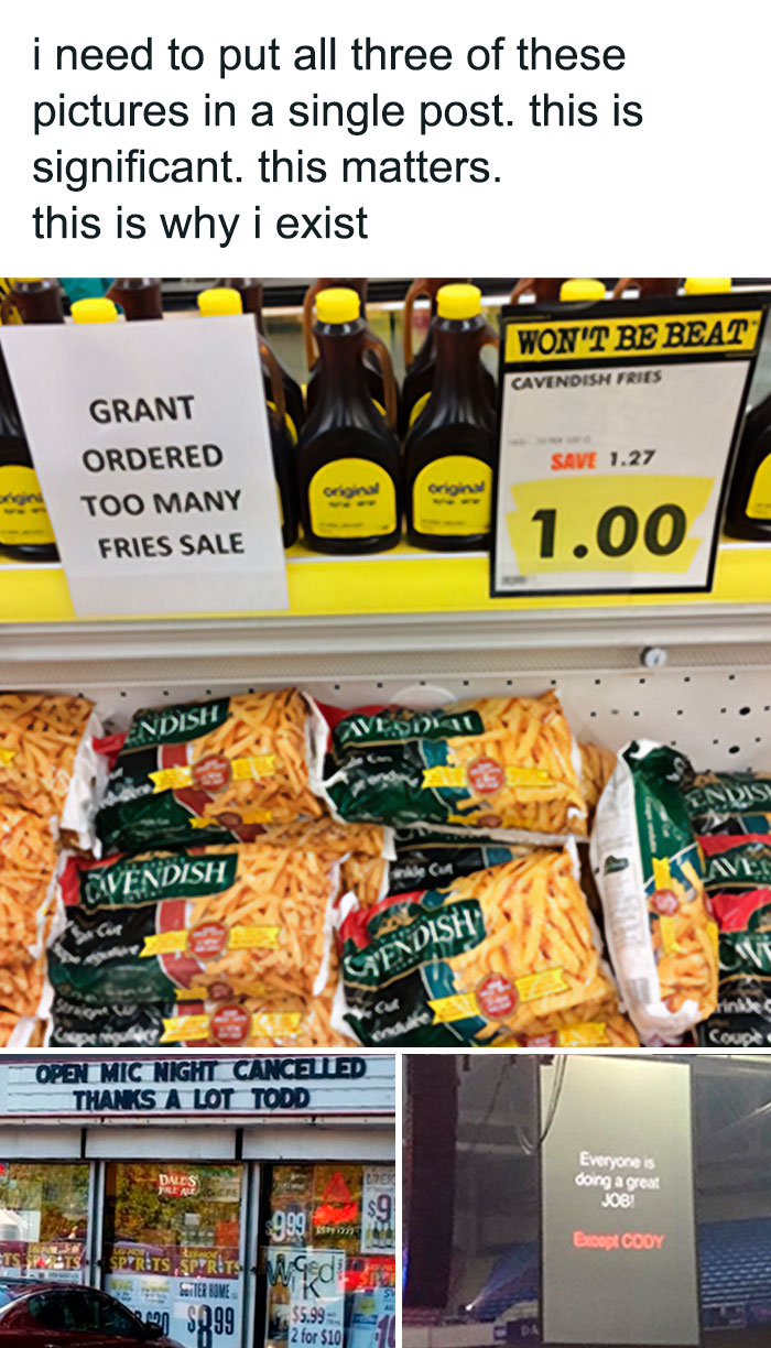 Funny and lighthearted safe-for-work memes showing grocery humor, a cancelled event sign, and a scoreboard message at an arena.