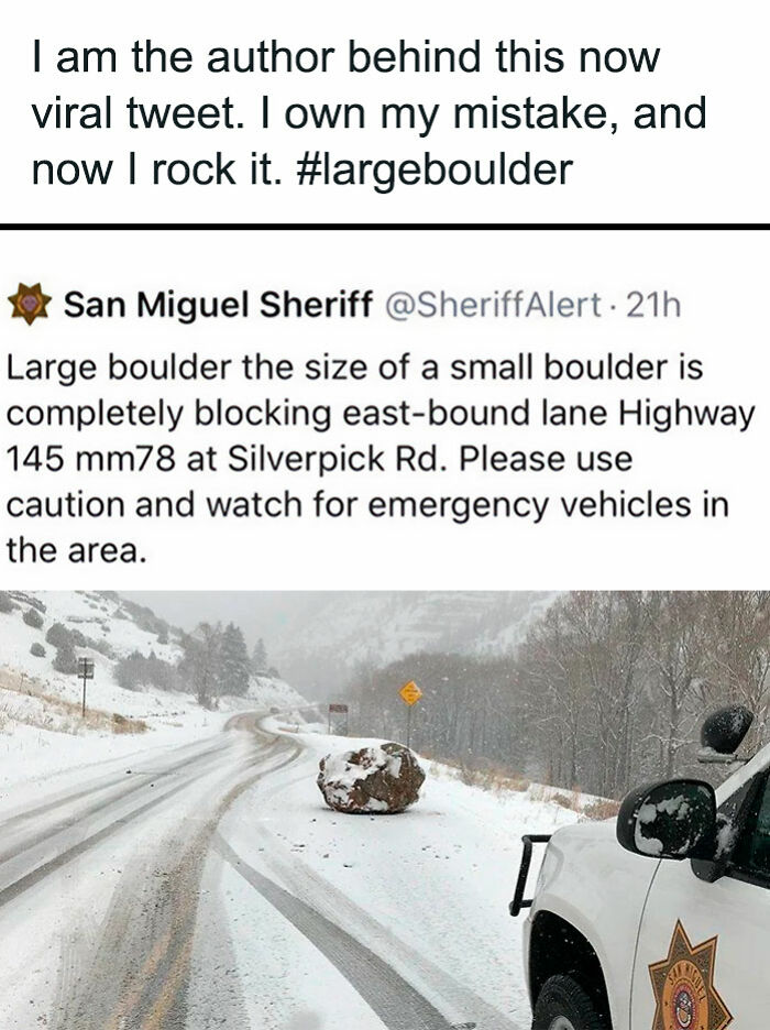 Tweet showing a snowy road blocked by a large boulder and a sheriff truck, featured in funny and lighthearted safe-for-work memes.
