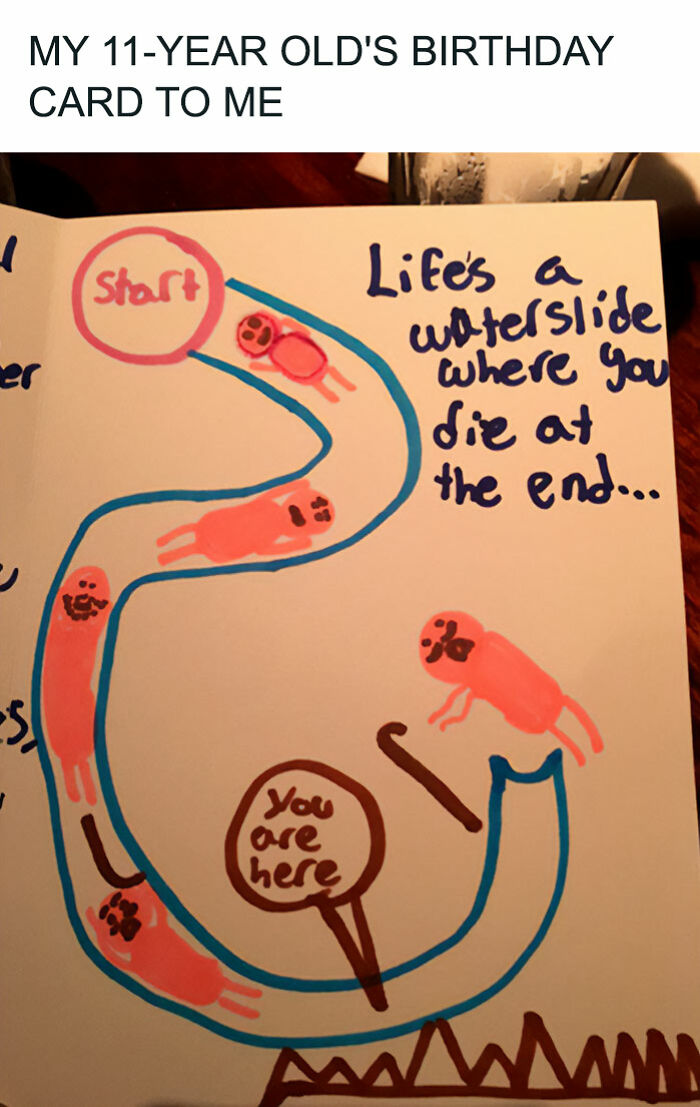 Hand-drawn funny meme showing a waterslide with figures and text about life’s end, fitting safe-for-work humor.