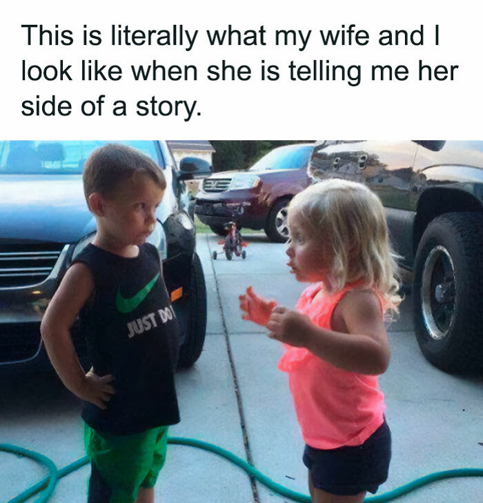Two young kids having a serious conversation outdoors, funny and lighthearted safe-for-work meme.