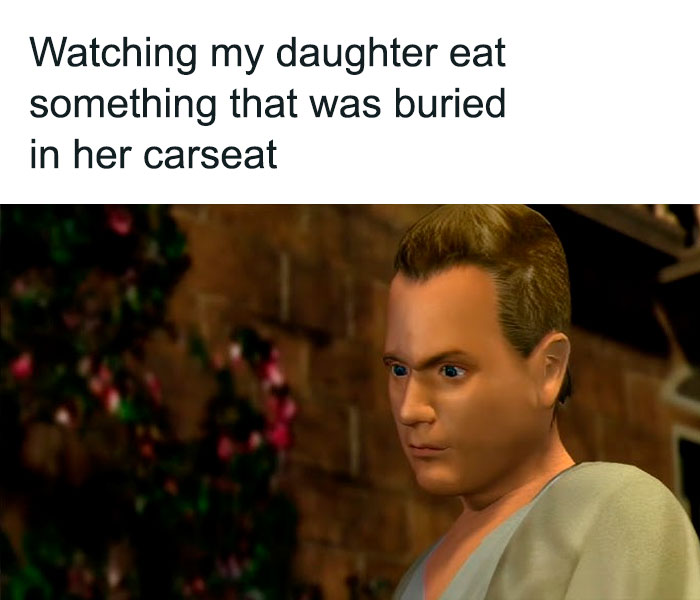 Man with concerned expression watching daughter eat something found in carseat, humorous safe-for-work meme concept.