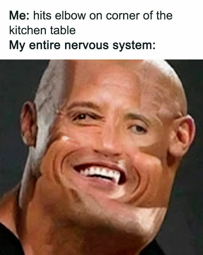 Distorted face meme illustrating the nervous system reaction to hitting elbow, a funny and lighthearted safe-for-work meme.