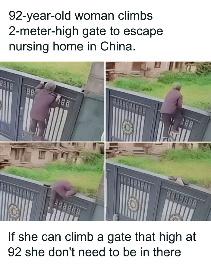 92-year-old woman climbing a 2-meter gate, a funny and lighthearted meme safe for work.
