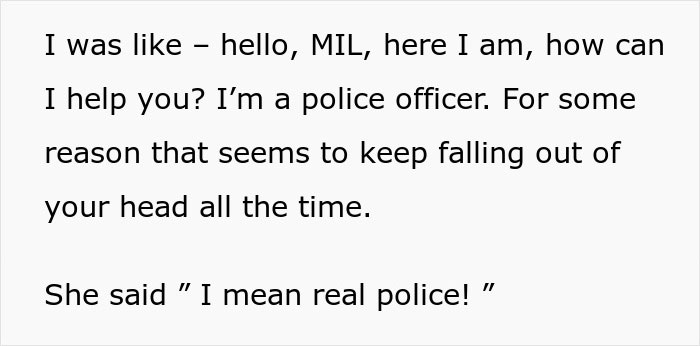Text excerpt showing a conversation revealing a homophobic MIL unaware her son’s boyfriend is a real police officer.