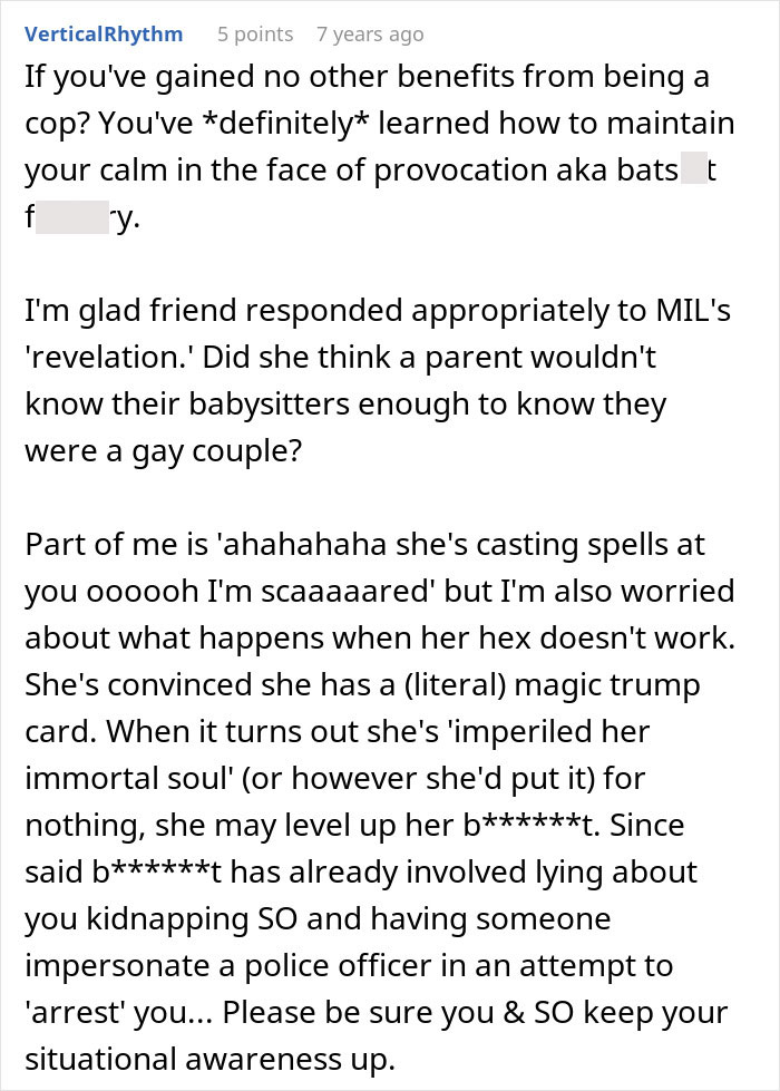 Screenshot of an online comment discussing a homophobic MIL trying to get son’s boyfriend arrested using a fake cop.