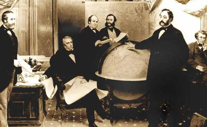 Group of men in 19th century attire gathered around a large globe, illustrating historical mistakes with massive consequences.
