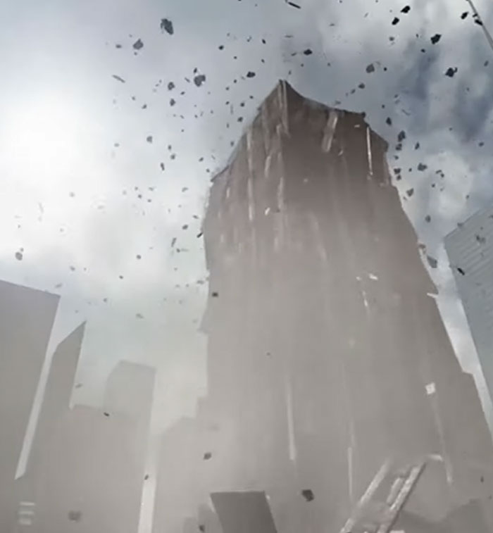 Skyscraper collapsing amidst flying debris and dust, illustrating a historical mistake with massive consequences.