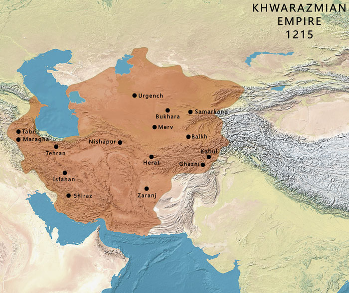 Map of the Khwarazmian Empire in 1215 highlighting key cities with historical mistakes and consequences.