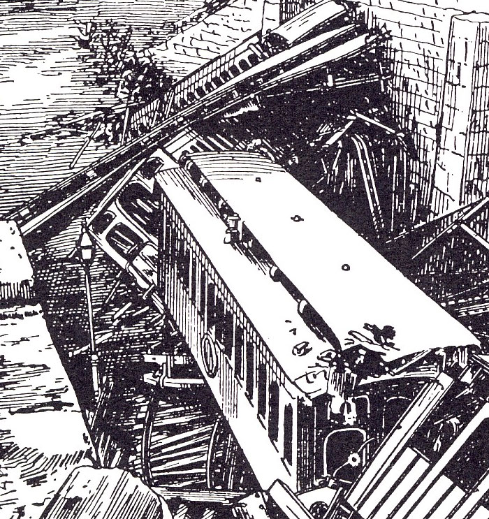 Vintage illustration of a costly historical mistake showing a train crashing from a broken bridge with massive consequences.