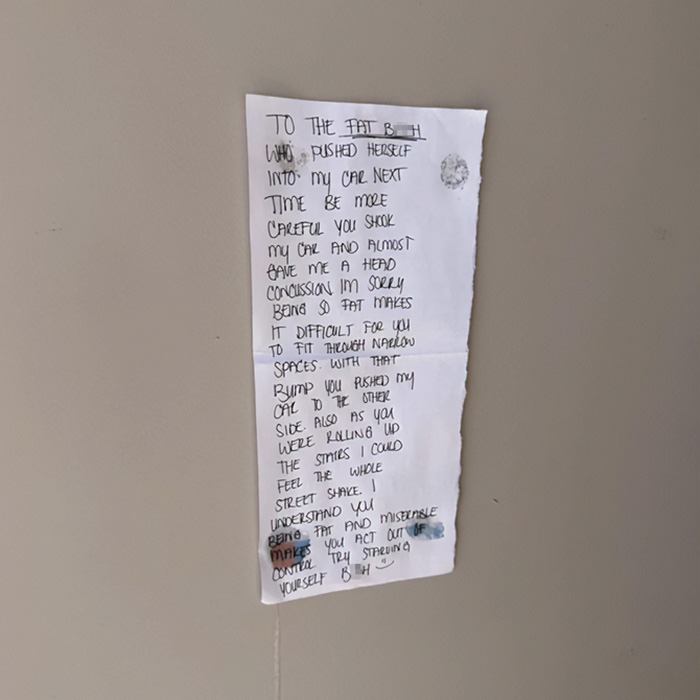 Neighbor Sparks Feud After Sticking Horrifying Fat-Shaming Note On Woman's Apartment Neighbor Sparks Feud After Sticking Horrifying Fat-Shaming Note On Woman's Apartment