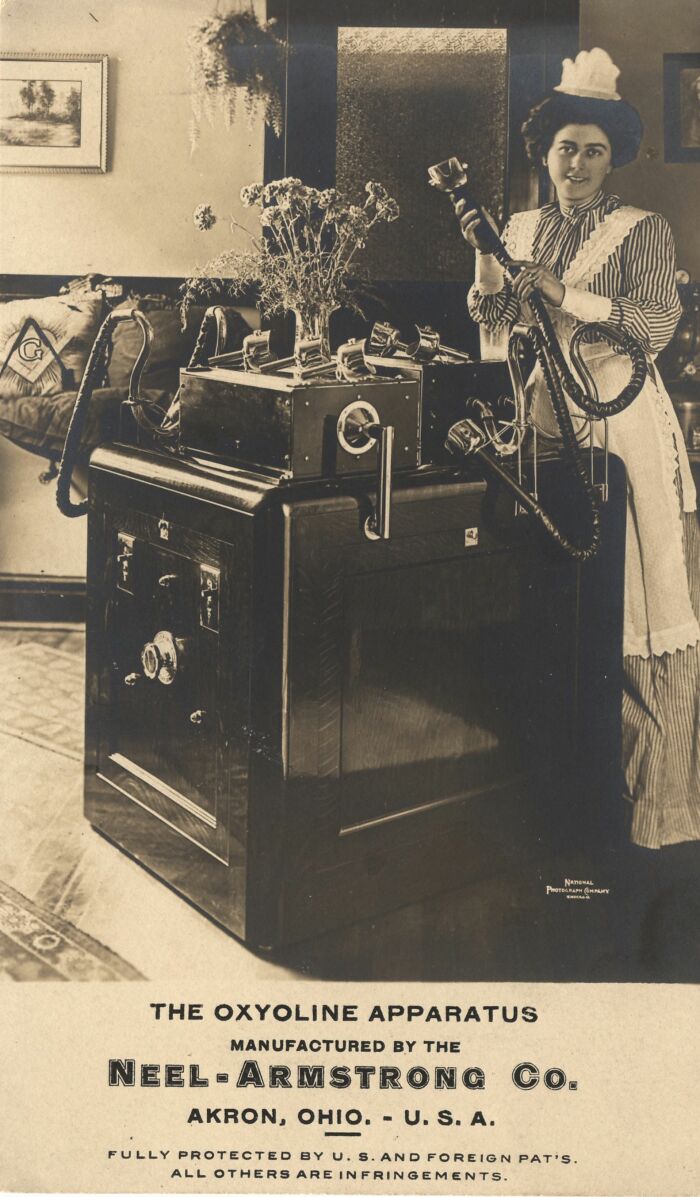 Vintage medical device called the Oxyoline Apparatus used in early healthcare practices by Neel-Armstrong Co. in Akron Ohio.