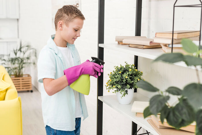 Young boy wearing pink gloves cleaning a shelf with a spray bottle, reflecting childhood norms that seem extremely weird now.