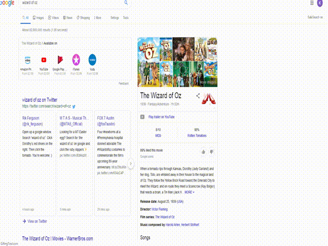 Google search showing The Wizard of Oz with an Easter egg related to hidden games and tricks on the results page.
