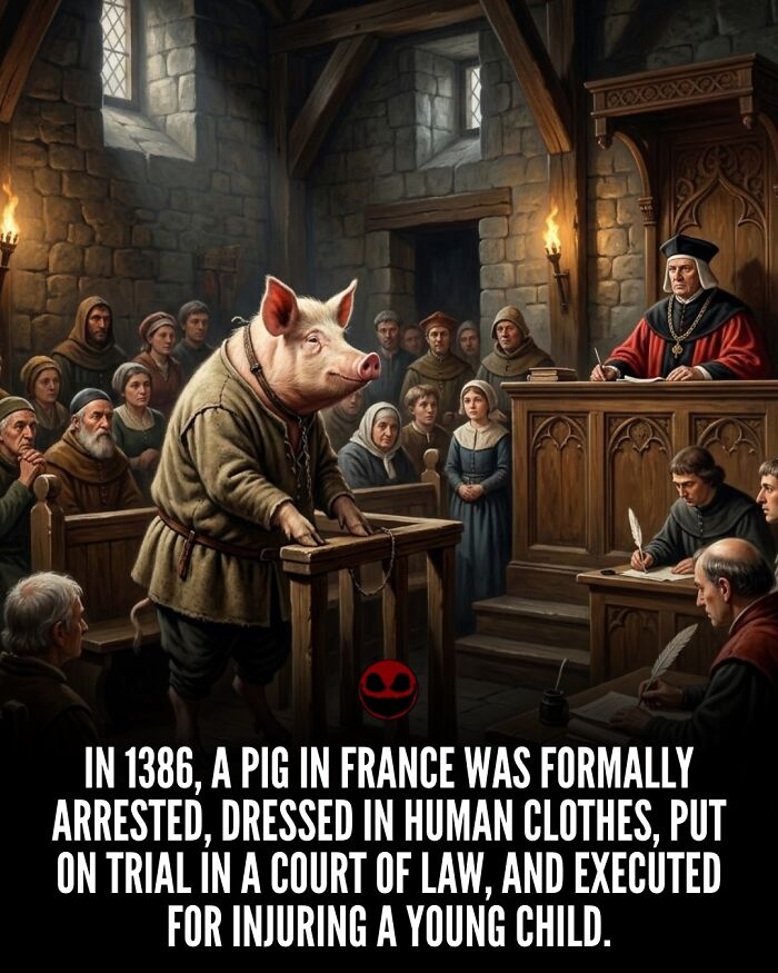 Medieval courtroom scene showing a pig dressed in human clothes on trial, illustrating weird and odd facts.