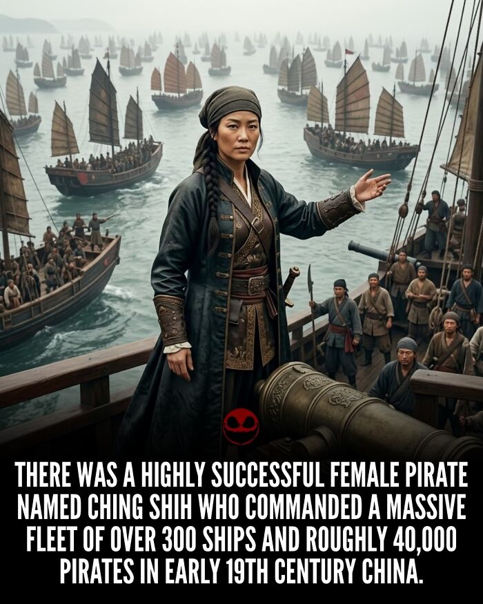 Female pirate Ching Shih commanding a massive fleet of over 300 ships and 40,000 pirates in historical China.