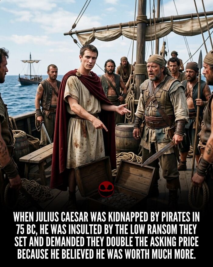 Scene of Julius Caesar negotiating with pirates on a ship, illustrating weird and odd facts about history and pirate ransom.