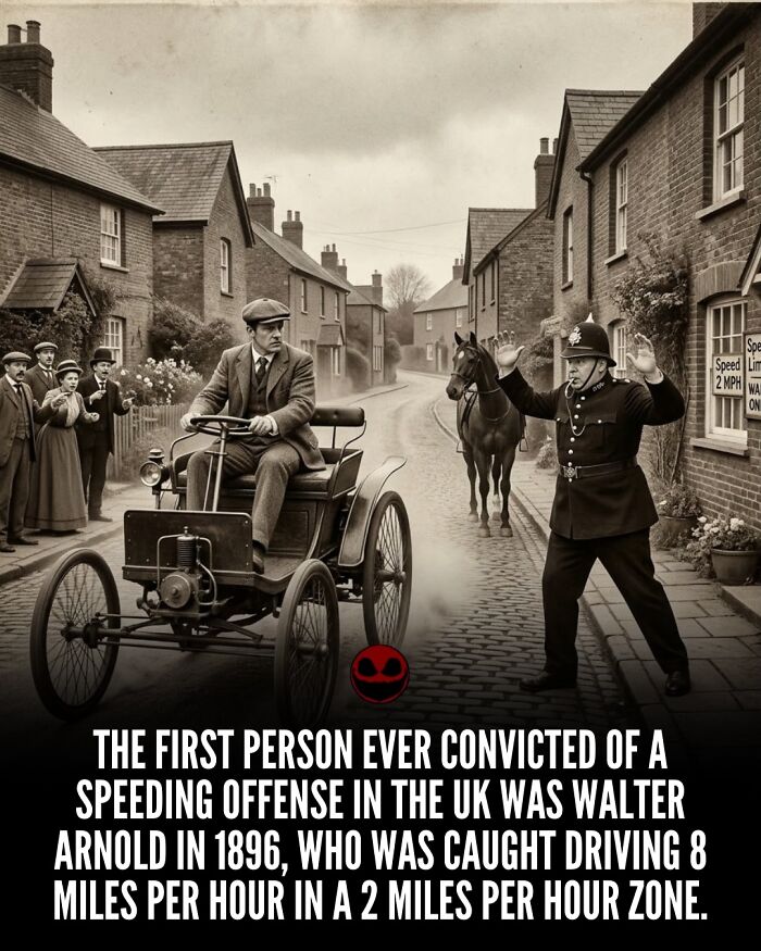 Vintage scene showing the first UK speeding offense, with a man driving in a slow zone, illustrating weird and odd facts.