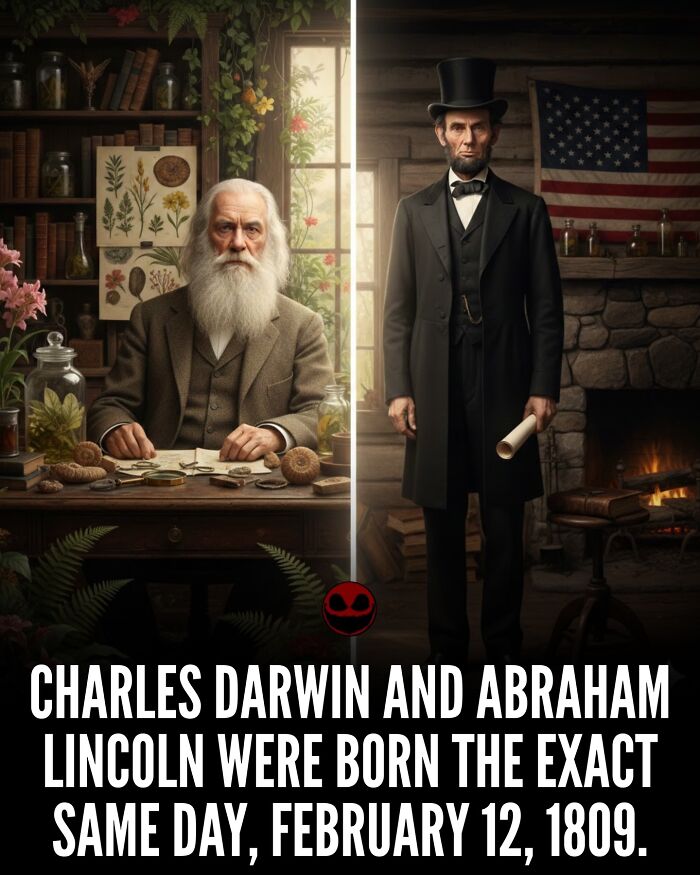 Portraits of Charles Darwin and Abraham Lincoln illustrating weird and odd facts with historical significance.