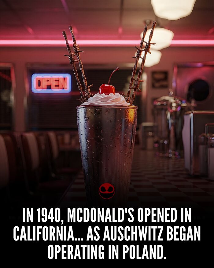 Milkshake with barbed wire decorations and a cherry on top in a dimly lit diner showcasing weird and odd facts.