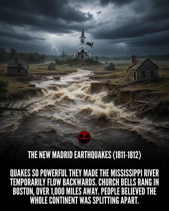 Flooded river flowing backwards near old church and cabins during the New Madrid earthquakes, a weird and odd fact.