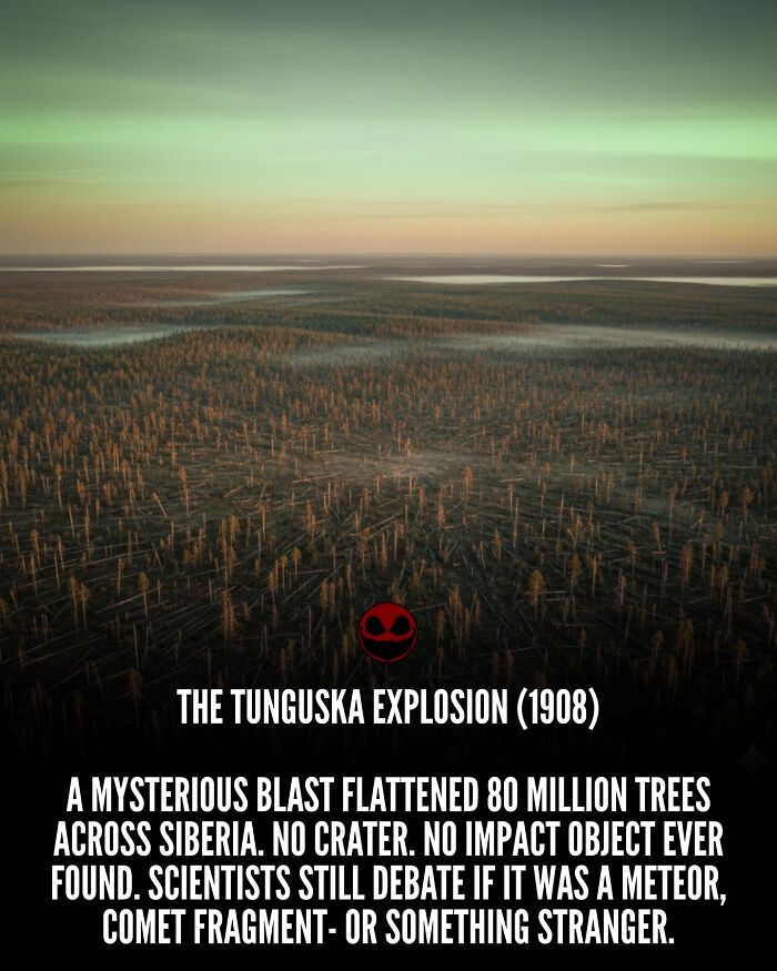 Aerial view of Siberian forest flattened by the Tunguska explosion, a weird and odd fact that puzzles scientists.
