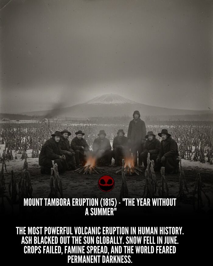 Group of people sitting by fires in a snowy field near Mount Tambora, illustrating weird and odd facts and photos.