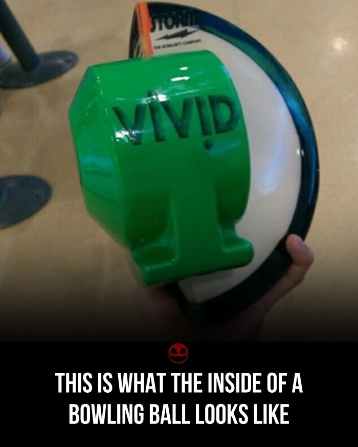 Close-up of the inside of a bowling ball showing a bright green core labeled vivid, highlighting weird and odd facts.