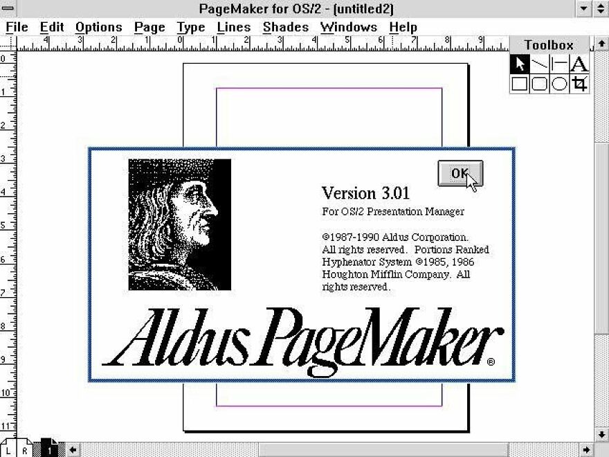 Aldus PageMaker for OS/2, version 3.01 splash screen. A nostalgic look, taking a trip down memory lane for early desktop publishing users.