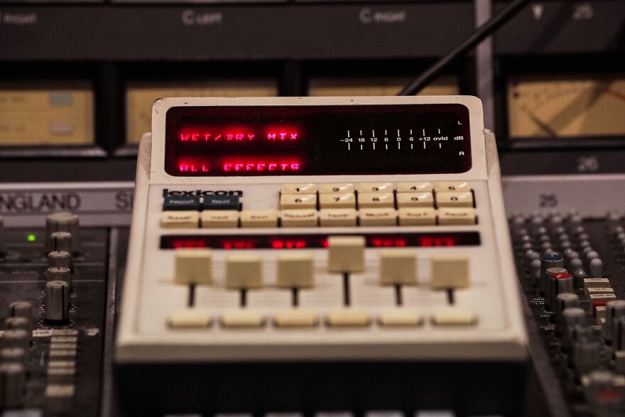A close-up of a vintage Lexicon effects processor, part of an audio mixer, making people take a trip down memory lane.
