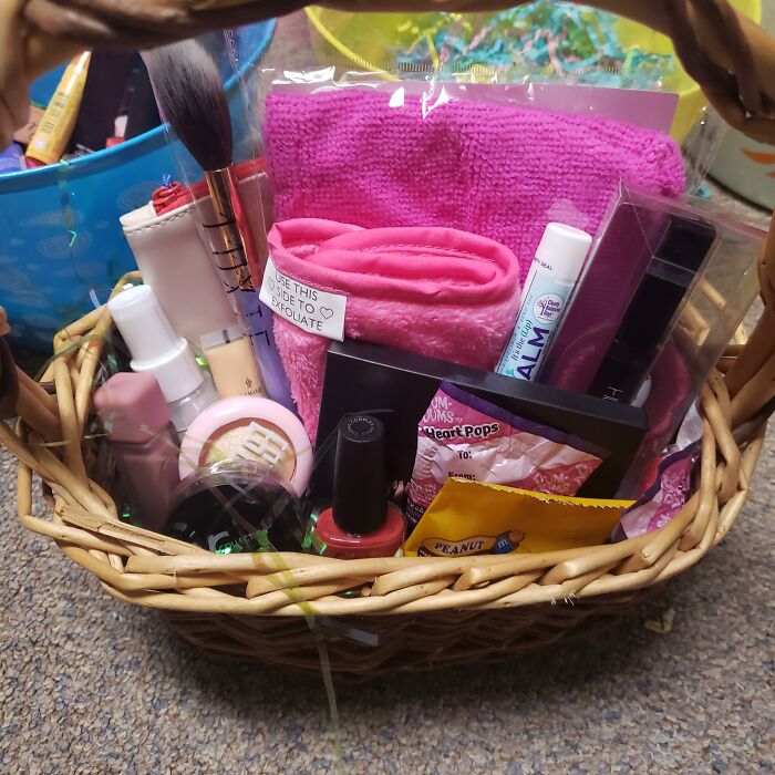 Easter basket ideas with age-appropriate toy stuffers and selection, featuring skincare, nail polish, and sweet treats.