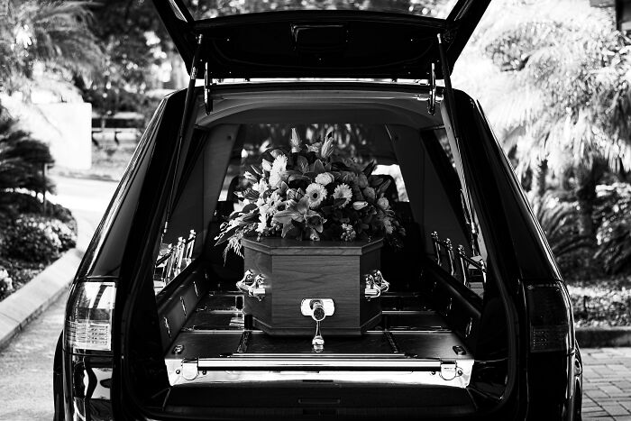 Coffin with floral arrangement in a hearse trunk, symbolizing unexpected discoveries from DNA tests and ancestry.