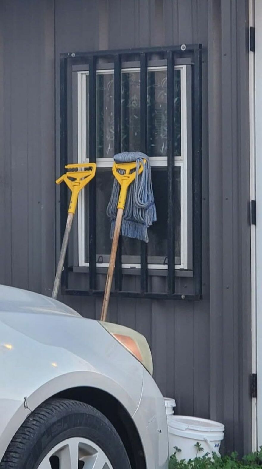 Two cleaning tools leaning against a wall with mop head appearing like hair in a pareidolia image.