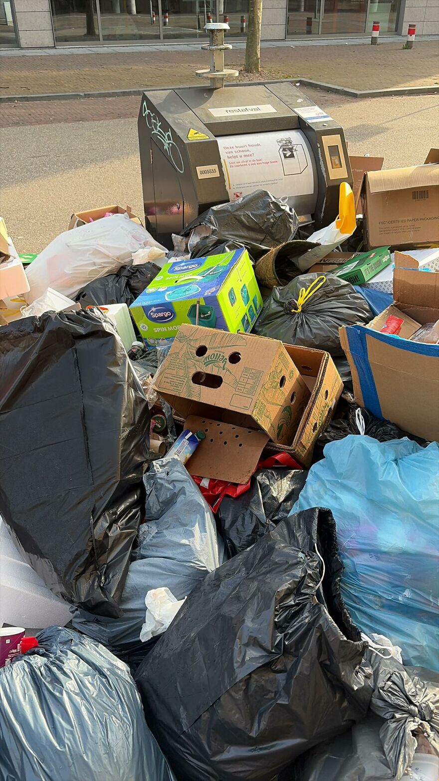 Pile of trash with a cardboard box resembling a surprised face, showing a clear example of pareidolia outdoors near a trash bin.
