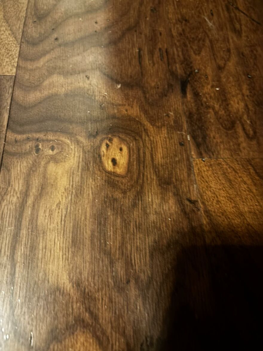 Wood grain pattern on floor resembling a surprised face, an example of pareidolia captured in a photograph.