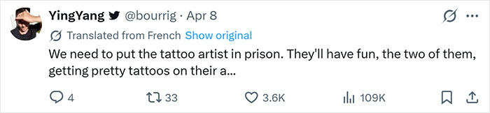 Tweet in French discussing putting a tattoo artist in prison related to forced partner tattoos and tattoo removal transformation. Tweet in French discussing putting a tattoo artist in prison related to forced partner tattoos and tattoo removal transformation.