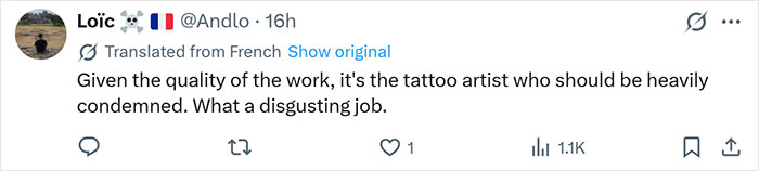 Tweet on a phone screen discussing poor quality of tattoo work after partner forced 250 tattoos of his name, with 1.1K likes. Tweet on a phone screen discussing poor quality of tattoo work after partner forced 250 tattoos of his name, with 1.1K likes.