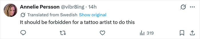 Screenshot of a tweet by Annelie Persson translated from Swedish, commenting on forced tattoos and tattoo removal transformation. Screenshot of a tweet by Annelie Persson translated from Swedish, commenting on forced tattoos and tattoo removal transformation.