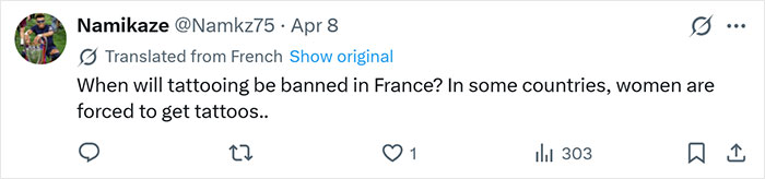 Tweet in French about banning tattooing and women being forced to get tattoos, discussing tattoo removal transformation. Tweet in French about banning tattooing and women being forced to get tattoos, discussing tattoo removal transformation.