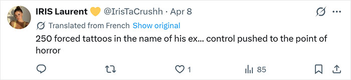 Tweet text about 250 forced tattoos of partner's name on woman, highlighting tattoo removal transformation at age 52. Tweet text about 250 forced tattoos of partner's name on woman, highlighting tattoo removal transformation at age 52.