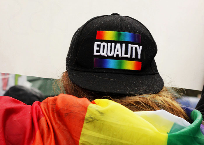 A person with reddish-brown hair wears a black cap with the word EQUALITY over a rainbow stripe, also draped in a rainbow flag. Friends for life.