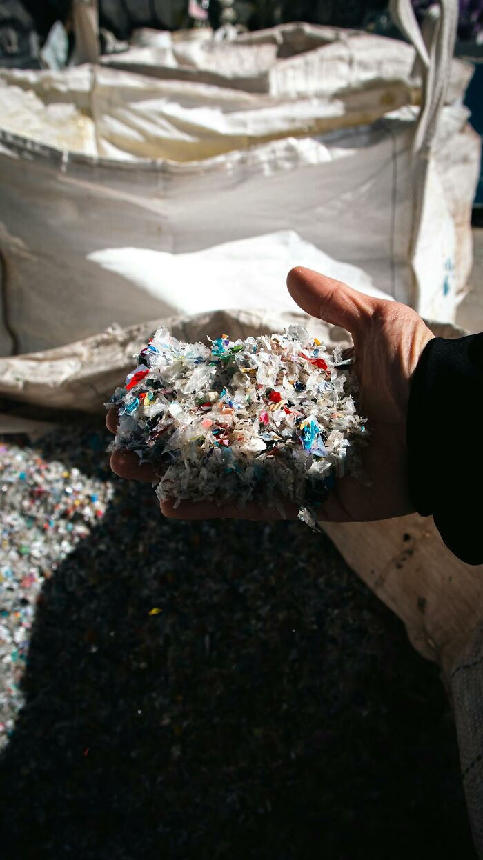 Hand holding a pile of shredded plastic pieces representing terrifying statistics on pollution that might make it hard to sleep tonight