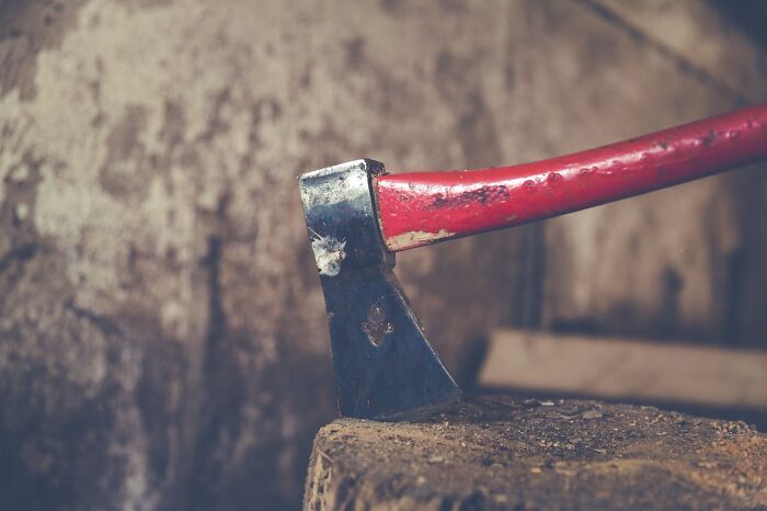 A worn axe with a red handle embedded in a tree stump, symbolizing dark family secrets revealed over time.