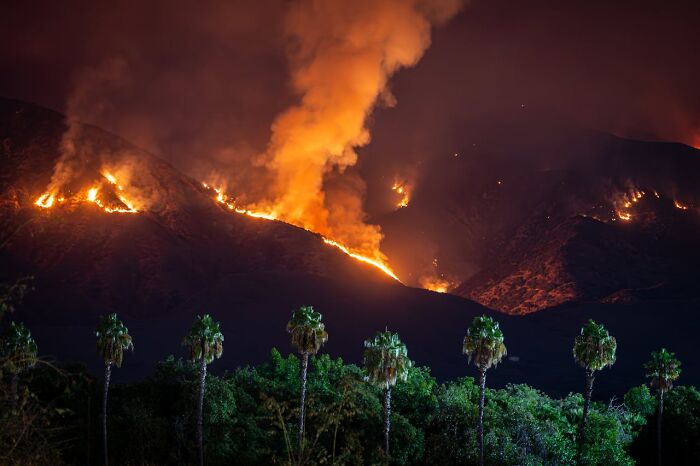 Wildfire burning on a hillside at night with smoke rising, illustrating terrifying statistics about natural disasters.