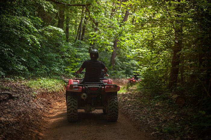 Person riding an ATV on a forest trail, illustrating one of the most unexpected and bizarre ways people passed away.