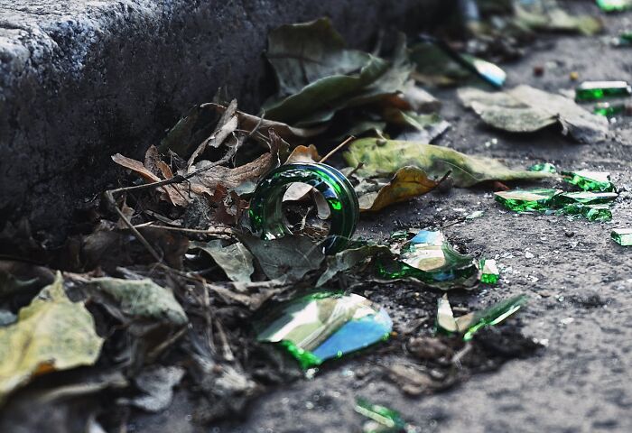 Shattered green glass pieces and dried leaves on a concrete ground, symbolizing unexpected and bizarre ways people passed away.